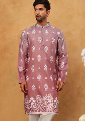 Pink Floral Print Cotton Kurta For Men
