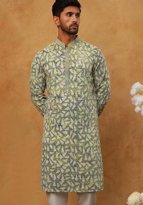 Green Geometric Cotton Kurta For Men