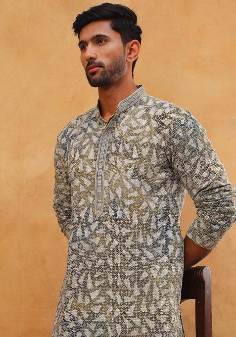 Olive Geometric Viscose Kurta For Men