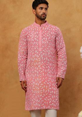 Pink Geometric Viscose Kurta For Men