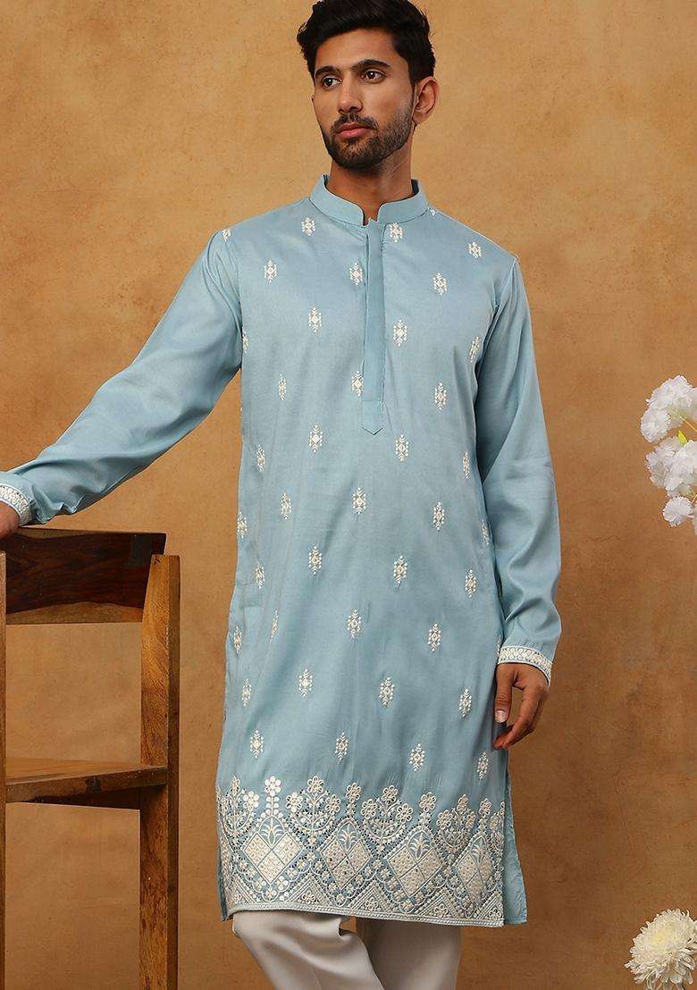 Blue Floral Print Cotton Kurta For Men - Indya