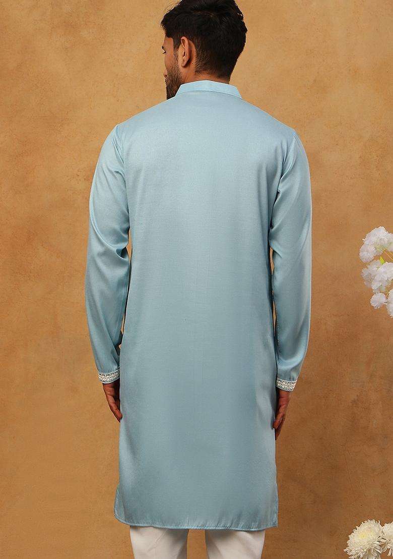 Blue Floral Print Cotton Kurta For Men - Indya