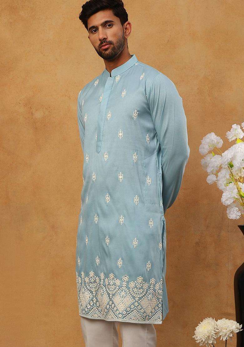 Blue Floral Print Cotton Kurta For Men - Indya