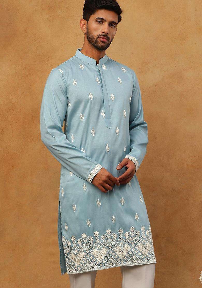 Blue Floral Print Cotton Kurta For Men - Indya