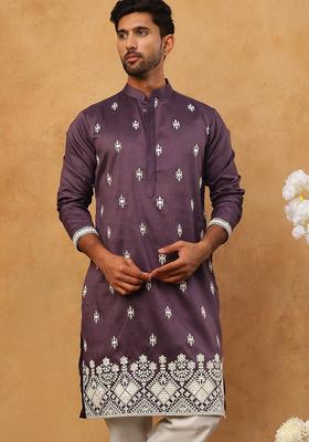 Purple Floral Print Cotton Kurta For Men