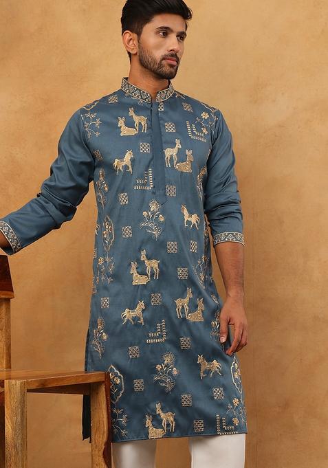 Teal Animal Print Cotton Kurta For Men