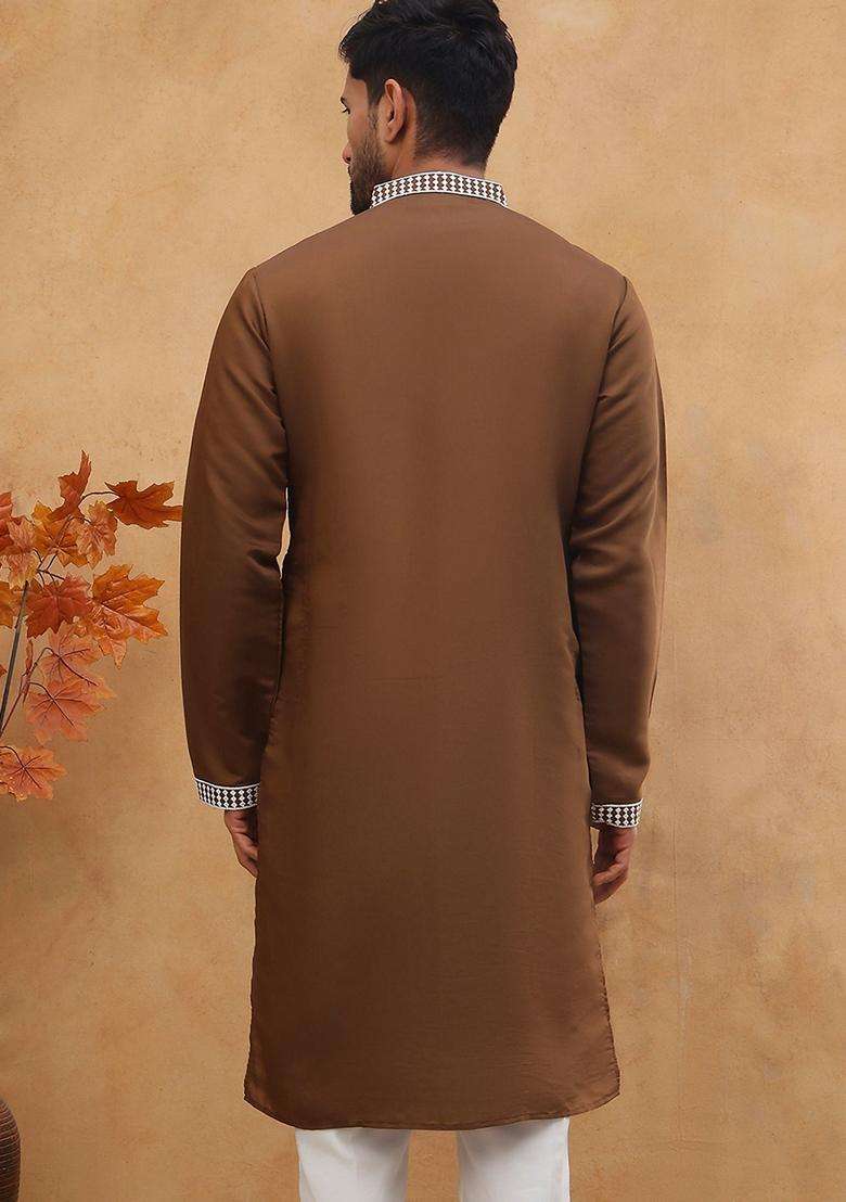 Brown Floral Print Cotton Kurta For Men - Indya