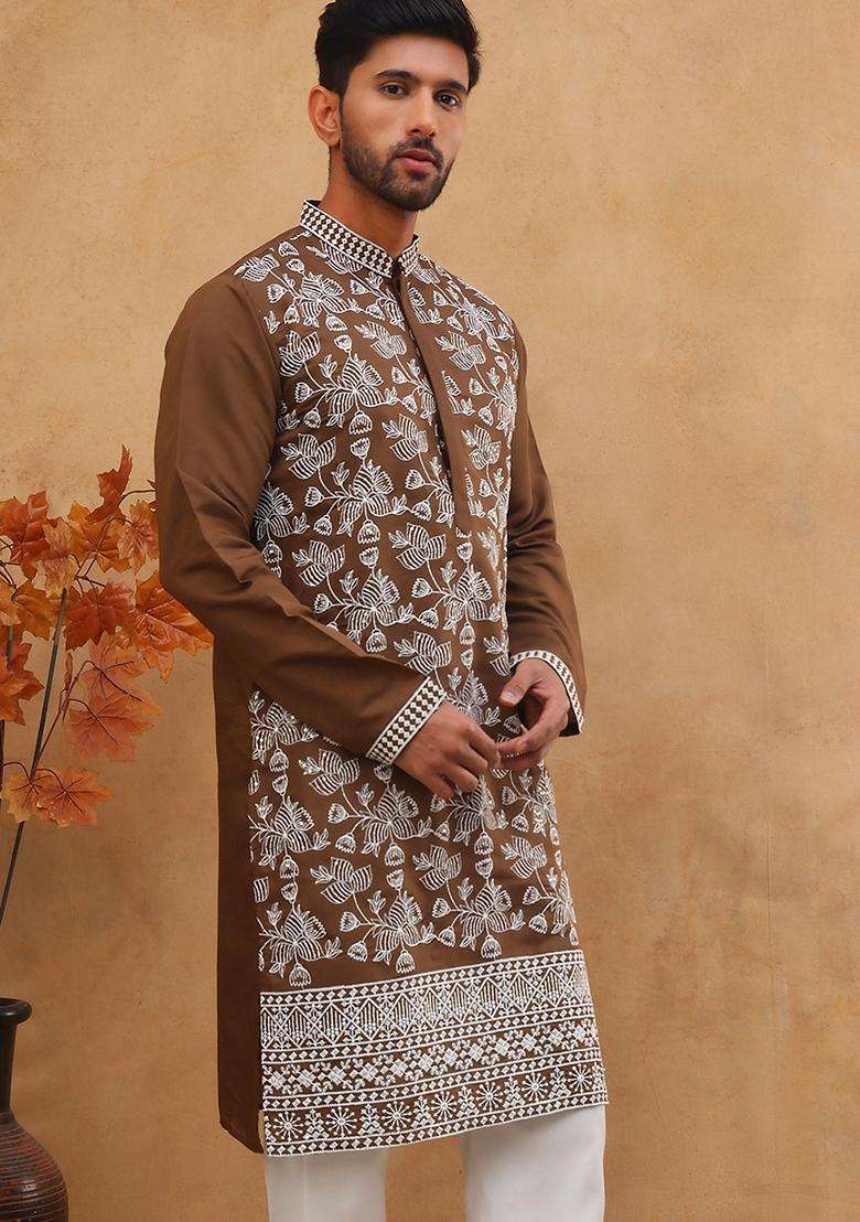 Brown Floral Print Cotton Kurta For Men - Indya