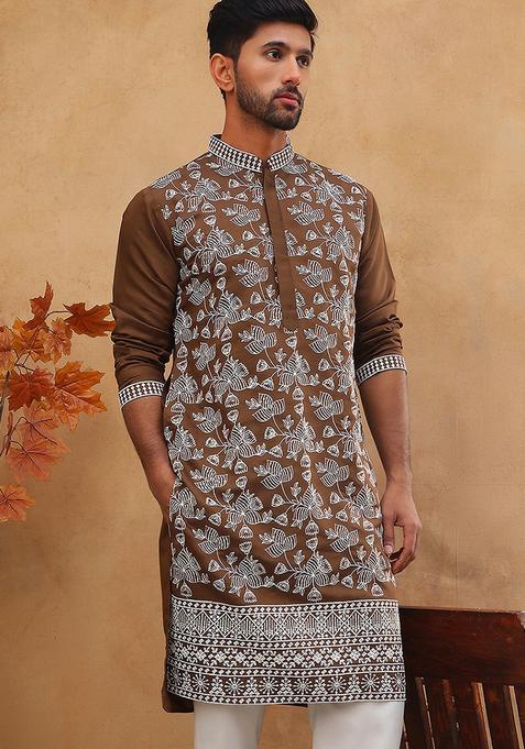 Brown Floral Print Cotton Kurta For Men