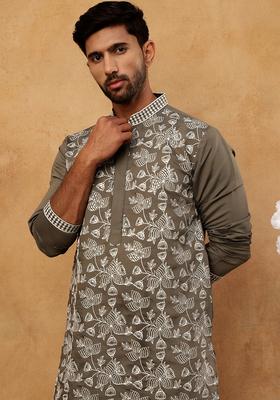 Grey Floral Print Cotton Kurta For Men