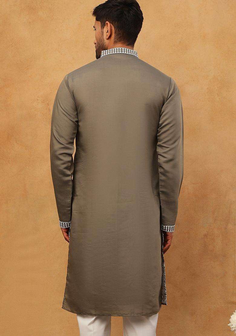 Grey Floral Print Cotton Kurta For Men - Indya