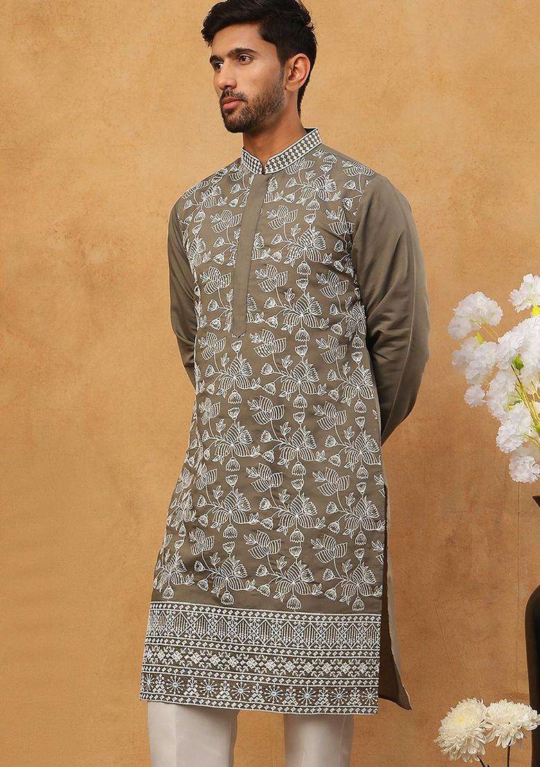 Grey Floral Print Cotton Kurta For Men - Indya