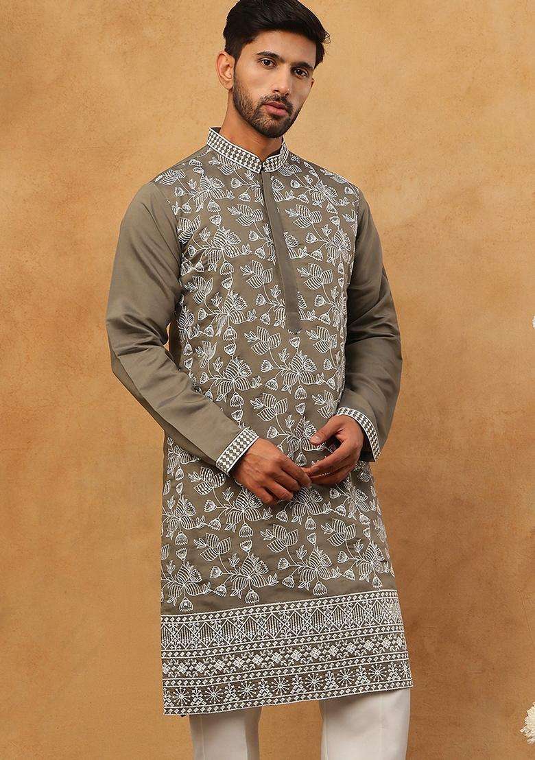Grey Floral Print Cotton Kurta For Men - Indya