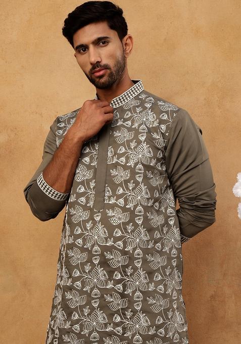Grey Floral Print Cotton Kurta For Men