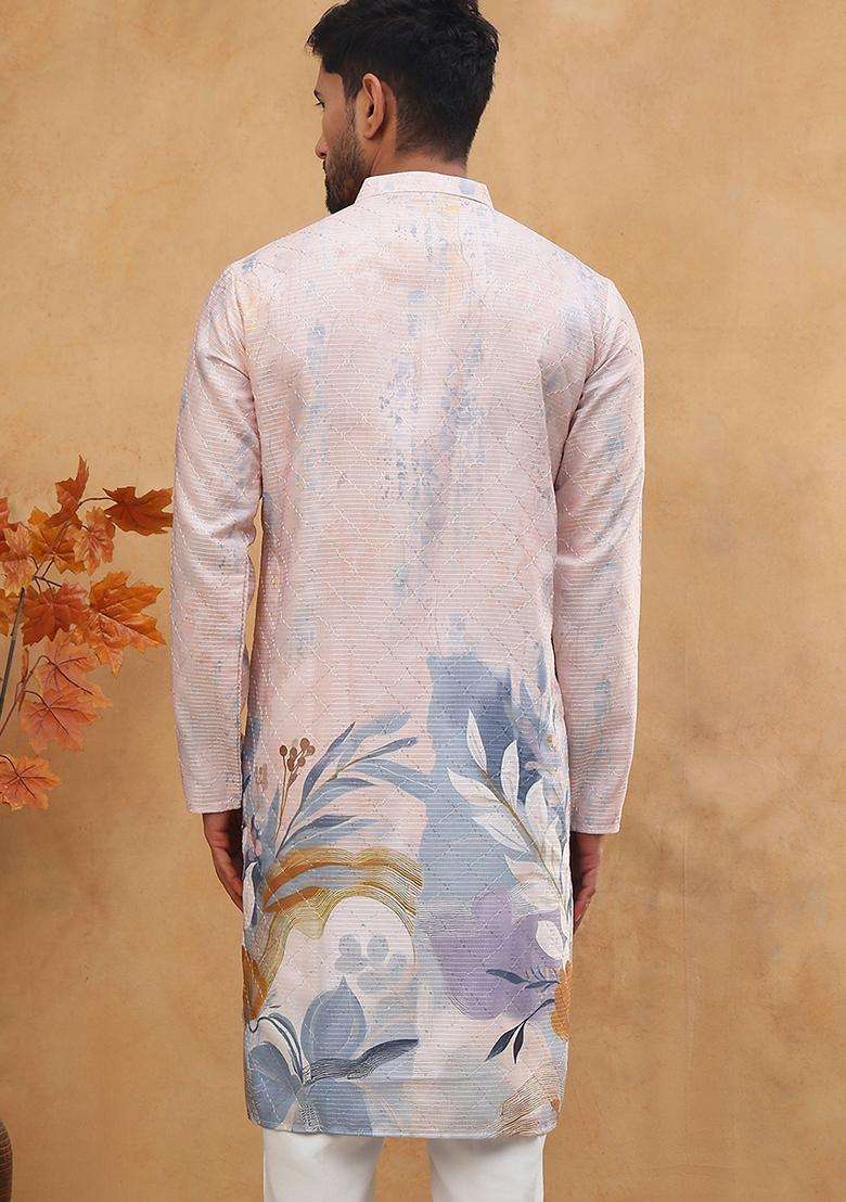 Peach Floral Print Cotton Kurta For Men - Indya