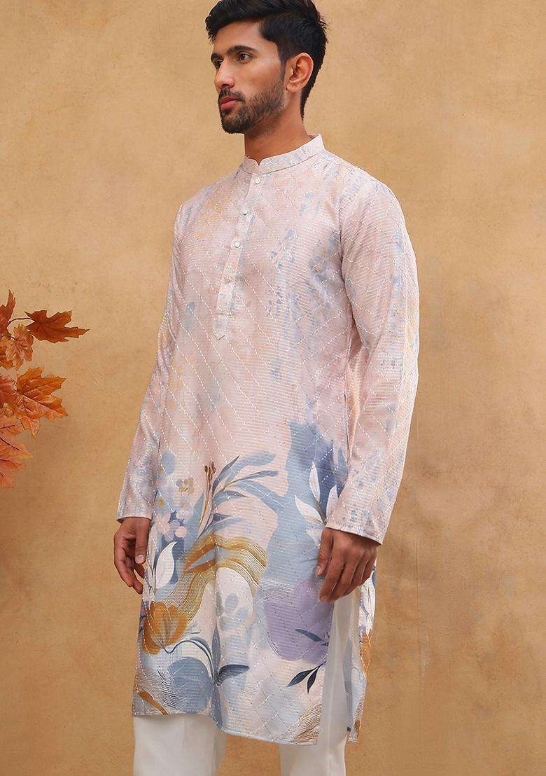 Peach Floral Print Cotton Kurta For Men - Indya