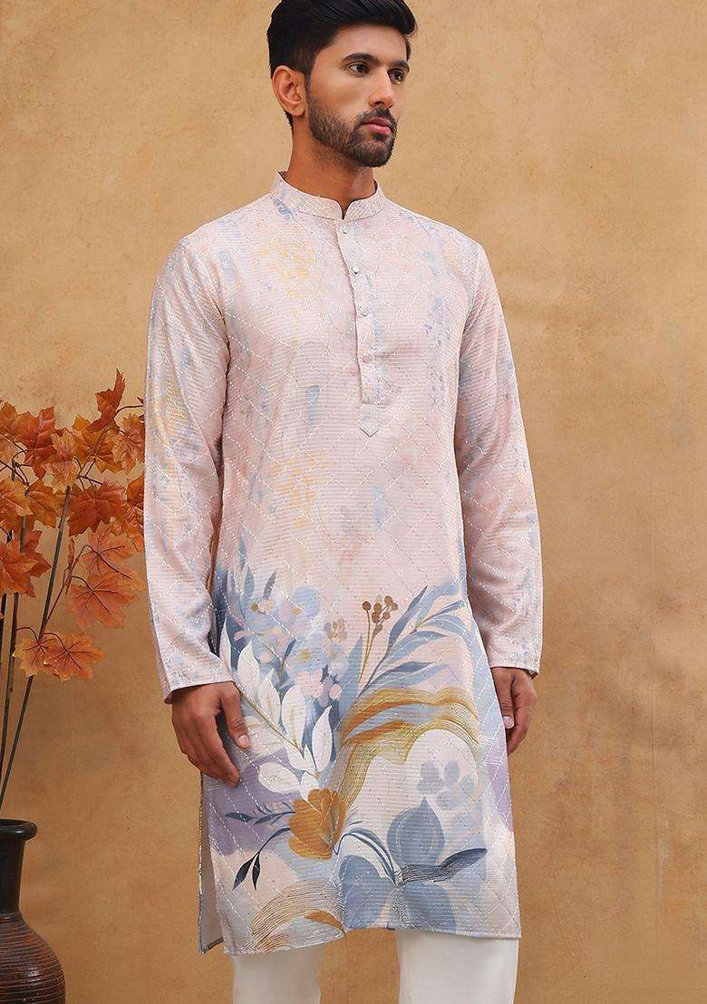 Peach Floral Print Cotton Kurta For Men - Indya