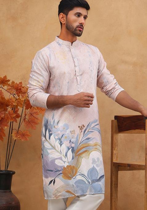 Peach Floral Print Cotton Kurta For Men