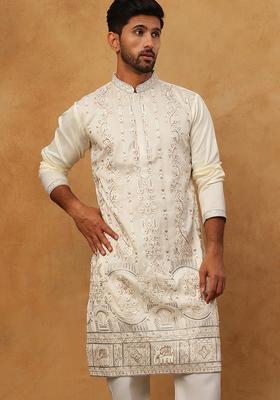 White Floral Print Cotton Kurta For Men