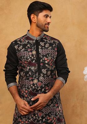 Black Floral Print Cotton Kurta For Men