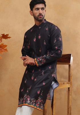 Black Floral Print Cotton Kurta For Men