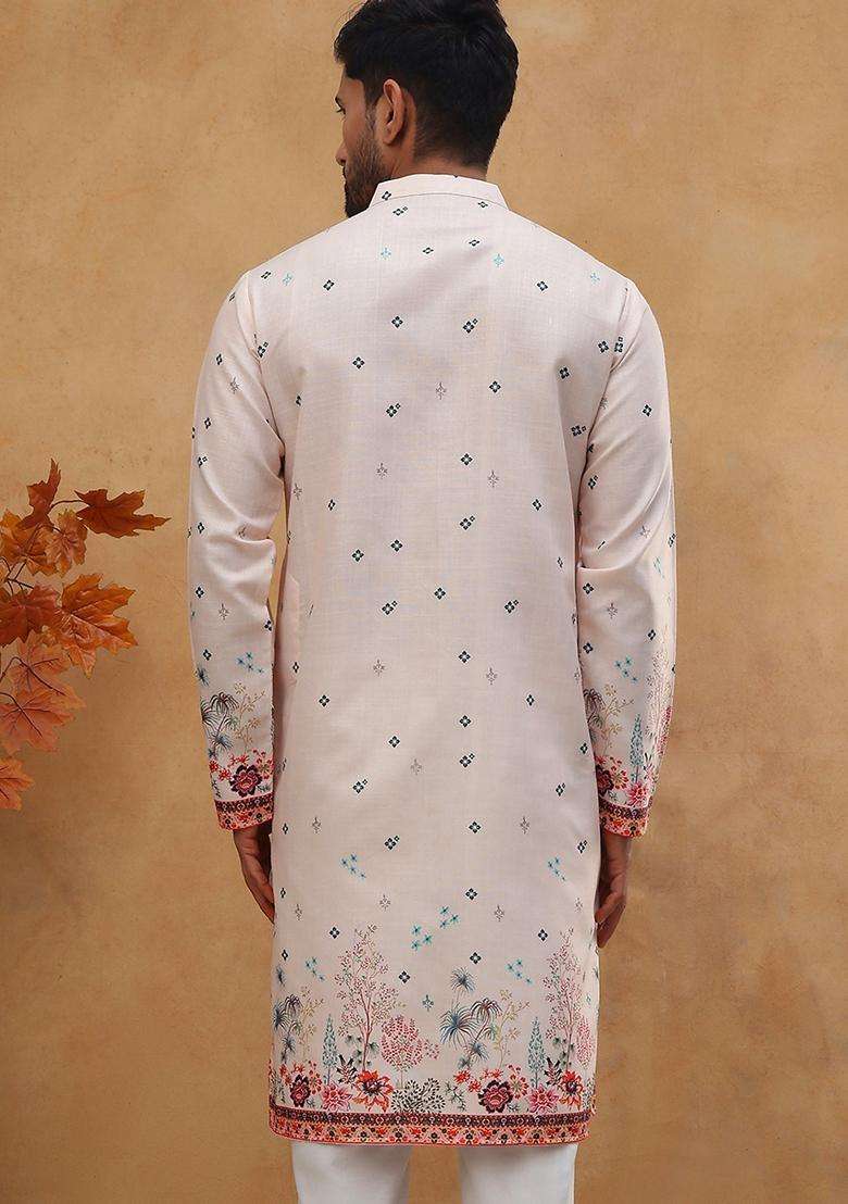 Peach Floral Print Cotton Kurta For Men - Indya