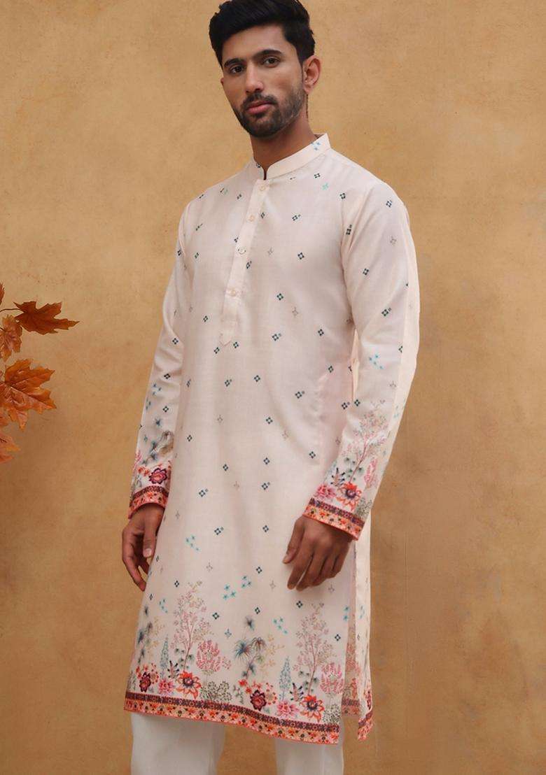 Peach Floral Print Cotton Kurta For Men - Indya