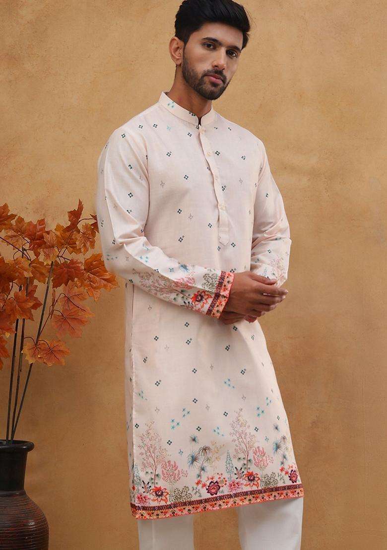 Peach Floral Print Cotton Kurta For Men - Indya