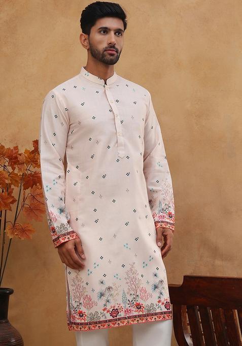Peach Floral Print Cotton Kurta For Men