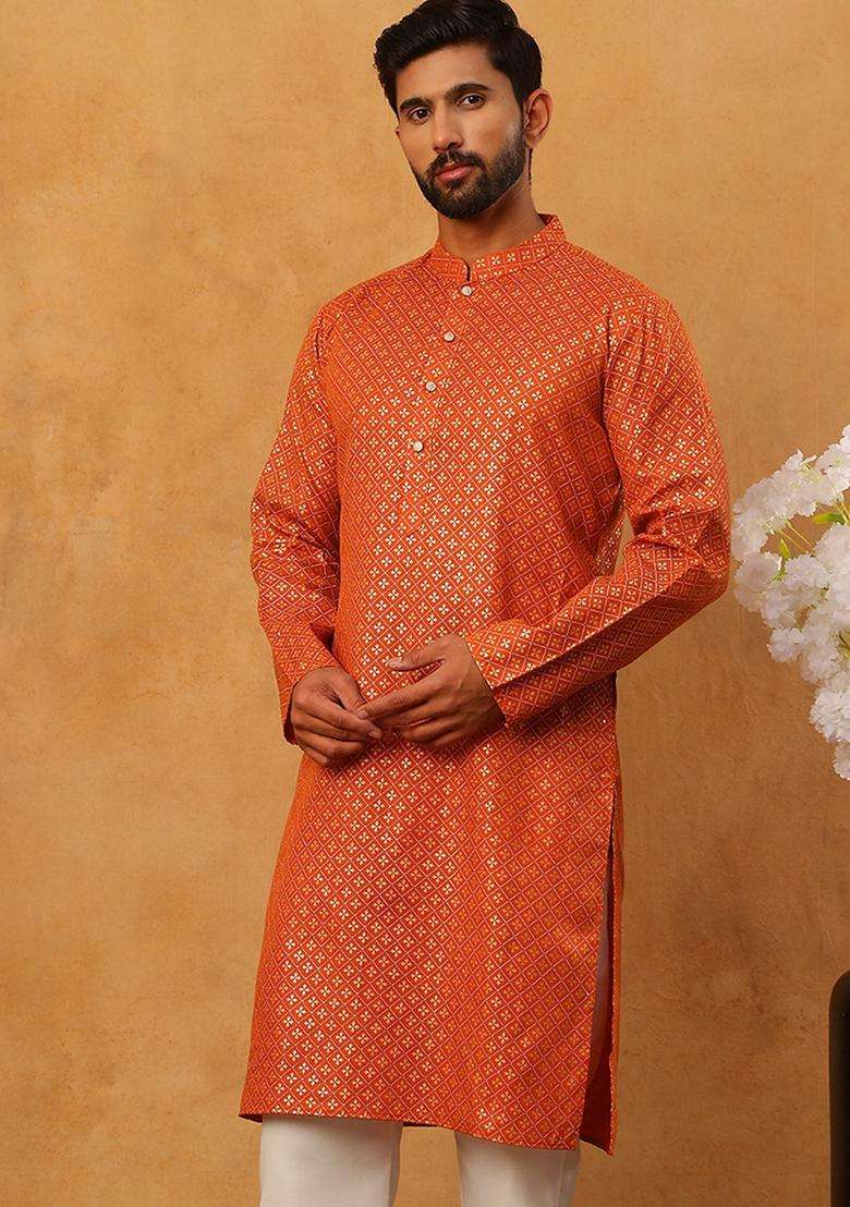 Orange Floral Print Cotton Kurta For Men - Indya