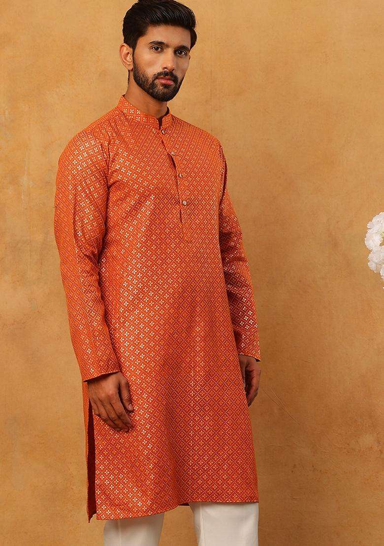 Orange Floral Print Cotton Kurta For Men - Indya