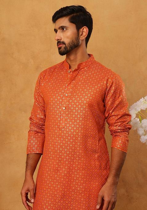 Orange Floral Print Cotton Kurta For Men