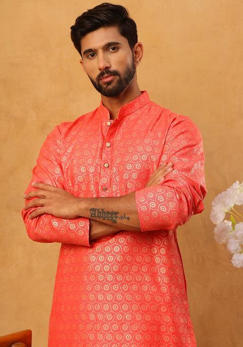 Peach Floral Print Cotton Kurta For Men