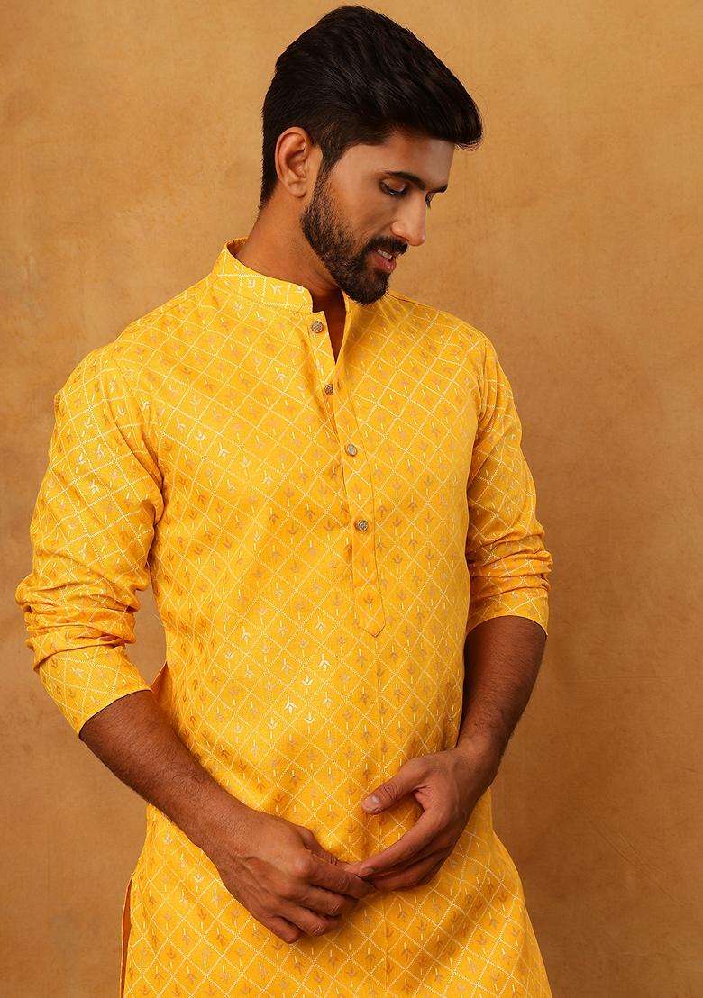 Yellow Floral Print Cotton Kurta For Men - Indya