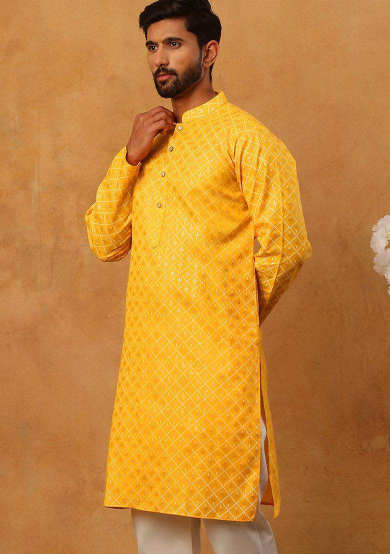 Yellow Floral Print Cotton Kurta For Men - Indya