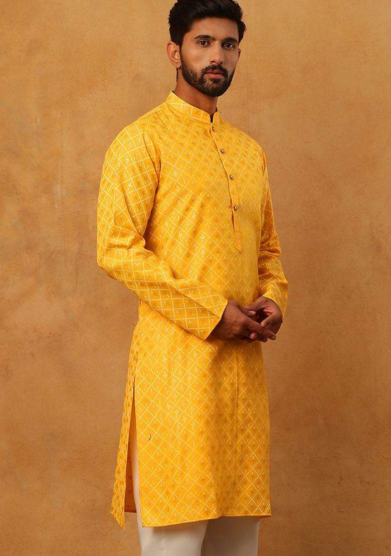 Yellow Floral Print Cotton Kurta For Men - Indya