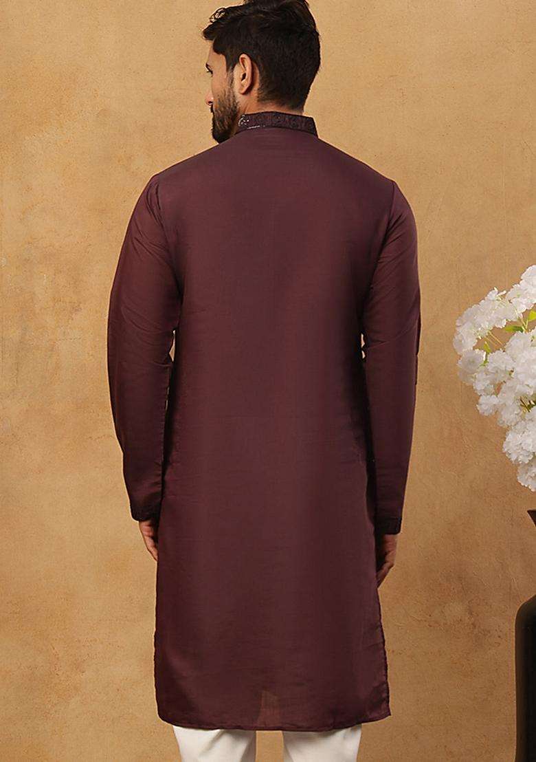 Maroon Floral Print Cotton Kurta For Men - Indya