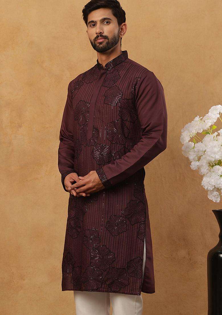 Maroon Floral Print Cotton Kurta For Men - Indya
