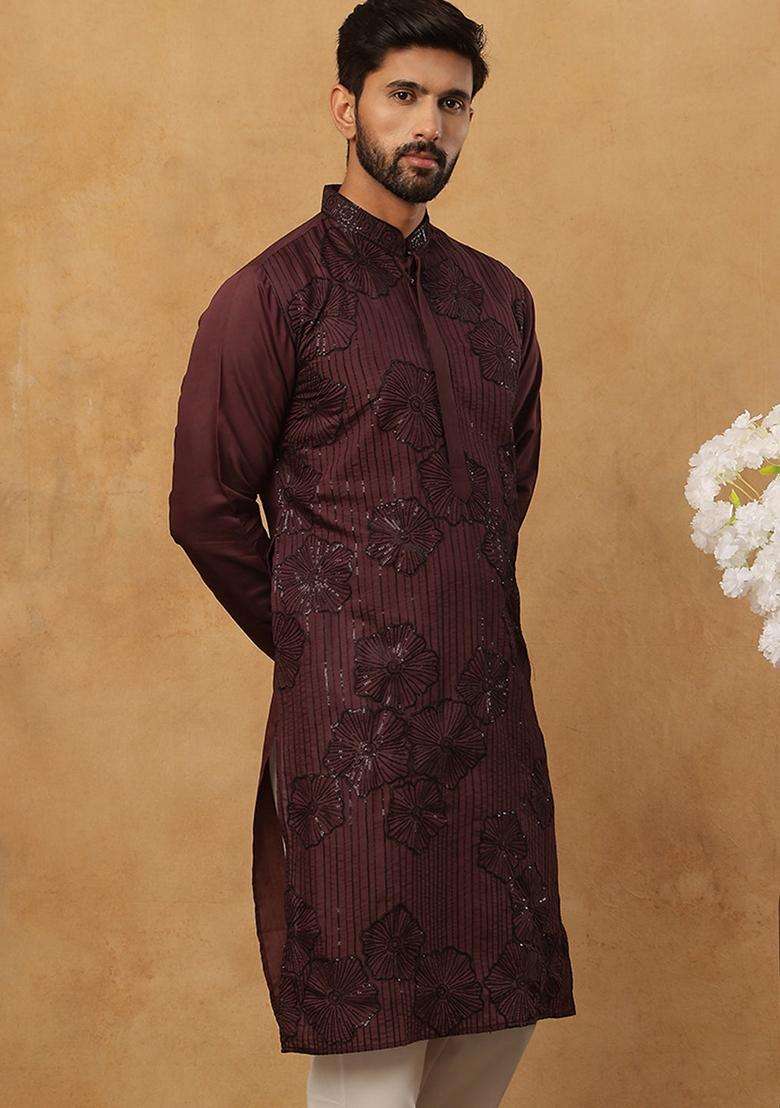 Maroon Floral Print Cotton Kurta For Men - Indya