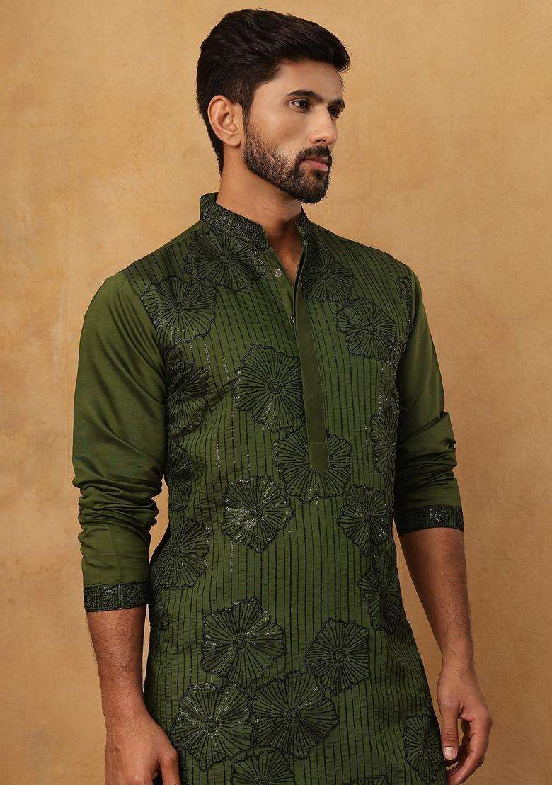 Olive Floral Print Cotton Kurta For Men - Indya