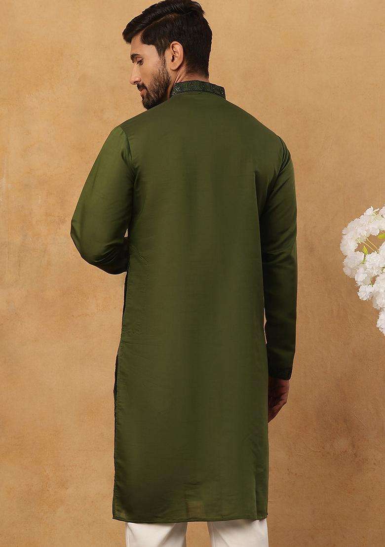 Olive Floral Print Cotton Kurta For Men - Indya