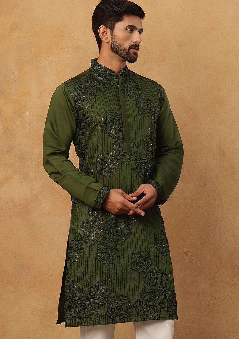 Olive Floral Print Cotton Kurta For Men - Indya