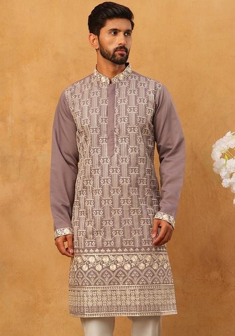 Purple Geometric Cotton Kurta For Men