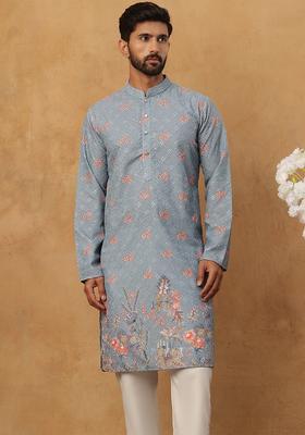 Blue Floral Print Cotton Kurta For Men