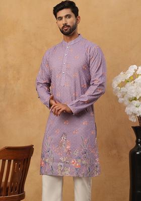 Purple Floral Print Cotton Kurta For Men