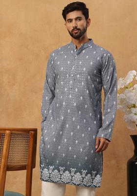 Grey Floral Print Cotton Kurta For Men