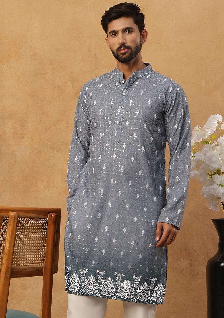 Grey Floral Print Cotton Kurta For Men - Indya