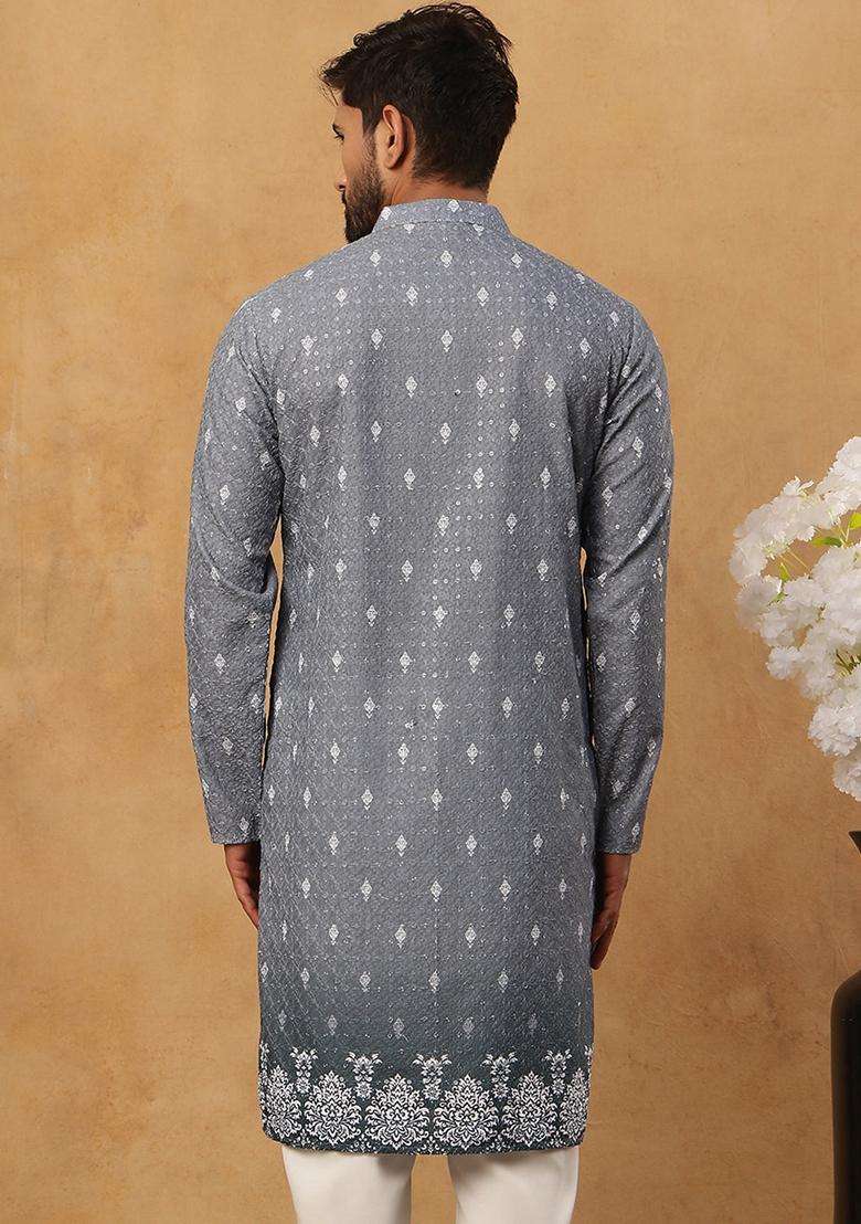 Grey Floral Print Cotton Kurta For Men - Indya