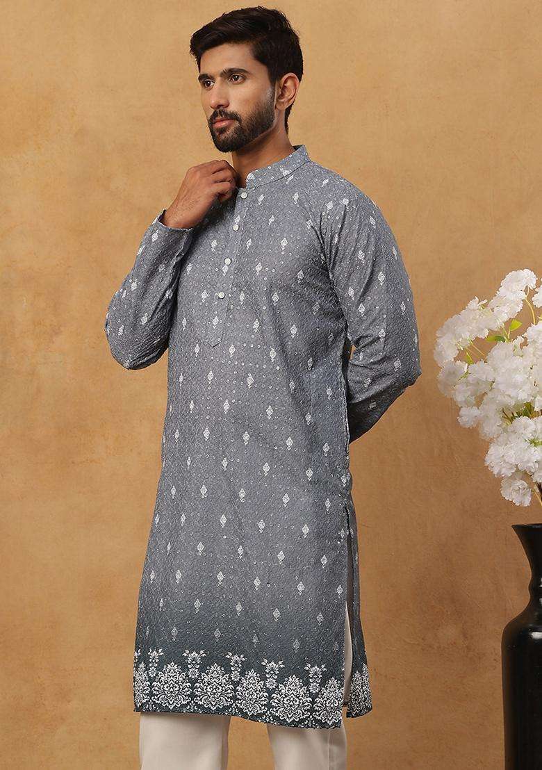 Grey Floral Print Cotton Kurta For Men - Indya