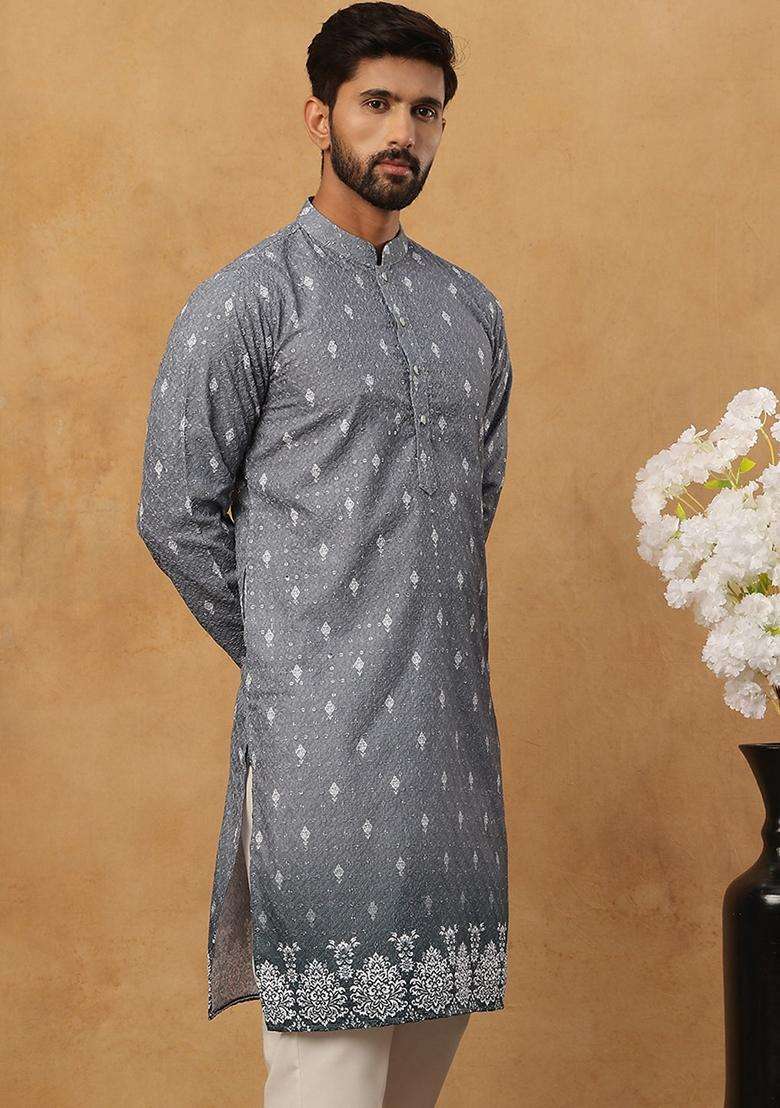 Grey Floral Print Cotton Kurta For Men - Indya